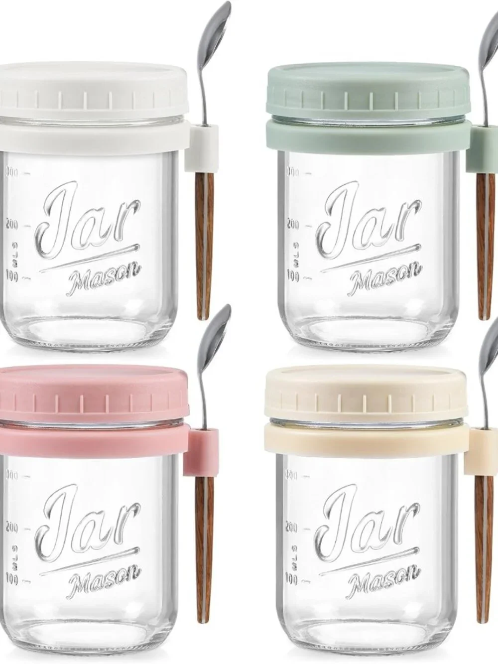 4 Pack Glass Mason Jars with Lids & Spoons - Airtight Overnight Oats Containers